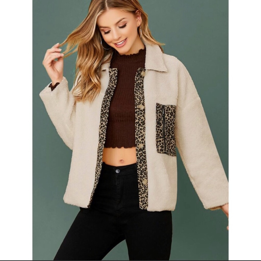 Shein- Teddy Leopard Faux Sherpa Button Up Jacket